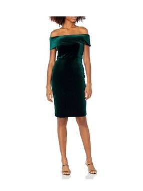 Calvin Klein off the shoulder Shoulder Velvet Sheath Dress in Deep Emerald